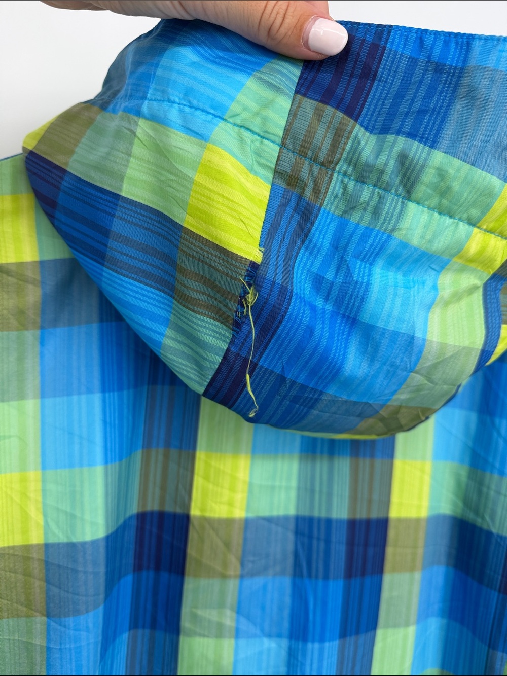 Columbia Blue Green Plaid Hooded Rain Jacket Gorpcore Women’s XL - Picture 6 of 13